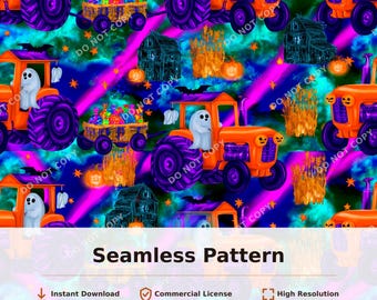 Halloween Tractor Seamless Pattern Orange Purple Ghost Pumpkin Spooky Farm | 34119