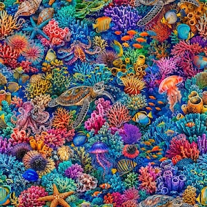 May include: A vibrant underwater scene featuring a sea turtle swimming among colorful coral reefs, sea anemones, and various tropical fish. The composition includes an octopus, jellyfish, and starfish set against a deep blue ocean background.