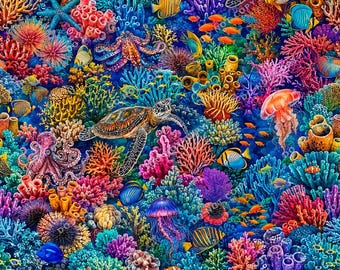 Ocean Coral Reef Seamless Pattern: Sea Turtles, Jellyfish, Fish (Digital Download)