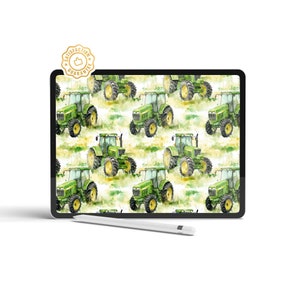 May include: A digital illustration of a green tractor on a white background. The tractor is repeated in a pattern. The image is displayed on a tablet screen with a stylus.
