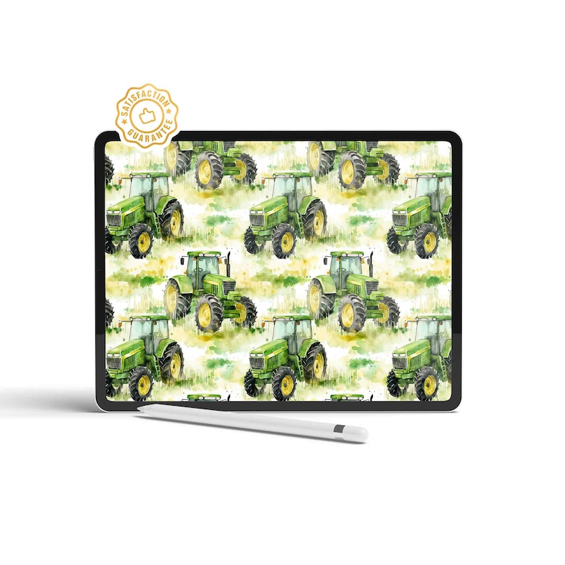 May include: A digital illustration of a green tractor on a white background. The tractor is repeated in a pattern. The image is displayed on a tablet screen with a stylus.