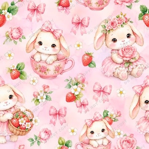 Può includere: Un motivo ripetitivo su sfondo rosa chiaro con illustrazioni di coniglietti bianchi, rose rosa, fragole rosse e fiocchi rosa. Alcuni coniglietti sono seduti in tazze da tè, mentre altri tengono cestini pieni di fragole.