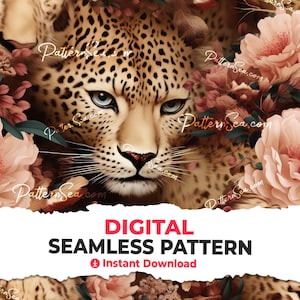May include: A digital seamless pattern featuring a close-up of a leopard's face with a soft, blurred background of pink and red flowers. The pattern is perfect for fabric, wallpaper, and other creative projects.