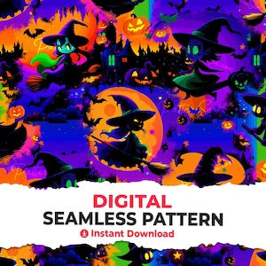 May include: A seamless digital pattern featuring a repeating design of witches flying on broomsticks, pumpkins, and stars. The background is a vibrant purple with splashes of orange, green, and yellow. The pattern is perfect for Halloween crafts, decorations, and fabric projects.