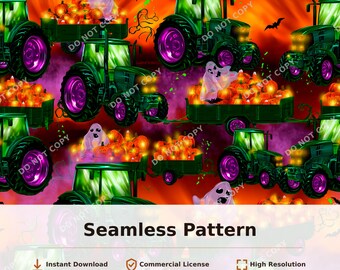 Halloween Tractor Ghost Pumpkin Seamless Pattern | 34117