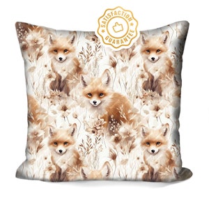 May include: A white throw pillow with a repeating pattern of brown foxes and flowers. The pillow has a white background with brown foxes and flowers in a watercolor style.
