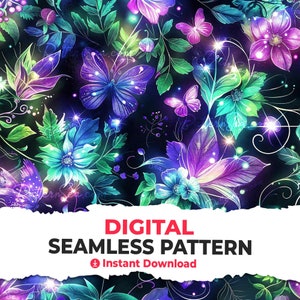 May include: A seamless digital pattern featuring glowing flowers and butterflies in shades of purple, blue, and green on a black background. The pattern is perfect for creating unique and eye-catching designs for fabric, wallpaper, and other creative projects.