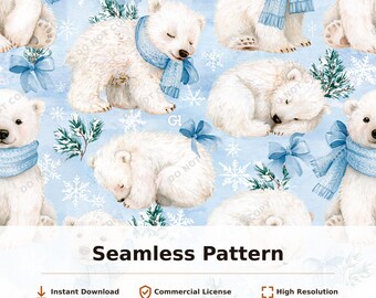 Polar Bear Cubs Seamless Pattern Blue Winter Snowflakes Scarf Watercolor | 34048