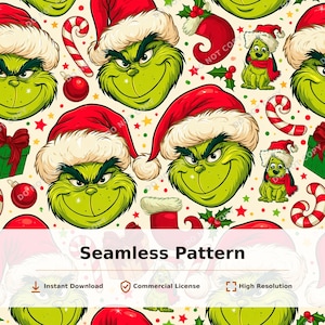 Op de afbeelding: Een naadloos patroon met een herhalende illustratie van een groen wezen met een ondeugende uitdrukking en een rode kerstmuts. Het ontwerp bevat rood-witte zuurstokken, rode kerstballen, groene geschenkdozen en hulstbessen.