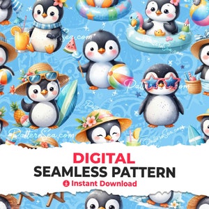 Può includere: Uno schema senza cuciture con simpatici pinguini dei cartoni animati che indossano occhiali da sole e cappelli, godendosi attività estive come il surf, il nuoto e il gioco con palloni da spiaggia. Lo sfondo è blu chiaro con stelle bianche e un motivo floreale.