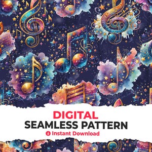 May include: A seamless digital pattern featuring watercolour illustrations of musical notes, treble clefs, and stars on a dark blue background. The design is reminiscent of a starry night sky.