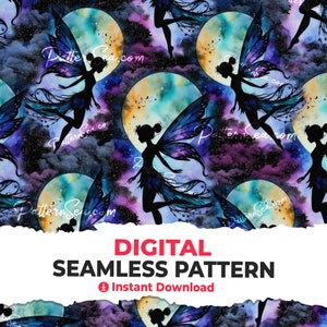 Könnte beinhalten: Ein nahtloses digitales Muster mit einem Aquarelldesign von Feen mit Flügeln vor dem Hintergrund eines sternenklaren Nachthimmels und Monden. Die Feen sind in Schwarz silhouettiert und die Monde sind in Blautönen, Grün- und Gelbtönen gemalt.