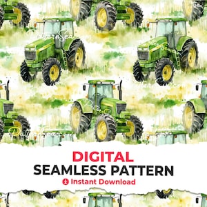 Puede incluir: Un patrón digital sin costuras con ilustraciones de acuarela de tractores verdes sobre un fondo blanco con acentos verdes y amarillos. Los tractores están rodeados de una lavada de acuarela verde y amarilla.
