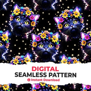 Könnte beinhalten: Ein nahtloses Muster mit schwarzen Katzen mit bunten Blumenkränzen auf einem dunkelblauen Hintergrund mit gelben Sternen. Der Text "DIGITAL SEAMLESS PATTERN" und "Instant Download" befindet sich auf einem weißen Banner.
