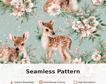 Baby Deer and Floral Seamless Pattern Mint Green Pink Watercolor | 34056