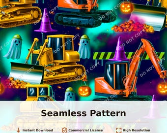 Construction Vehicles Ghosts Halloween Seamless Pattern | 34118