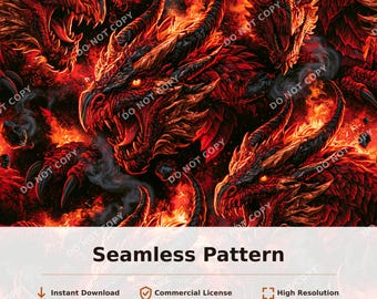 Fire Dragon Seamless Pattern Red Black Fantasy Flame Dragon Heads | 34062