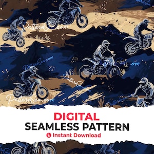 May include: A seamless pattern featuring a repeating design of motocross riders on dirt bikes. The riders are silhouetted in blue and white against a background of brown and blue abstract shapes. The pattern is perfect for use in a variety of projects, such as fabric, wallpaper, and digital designs.