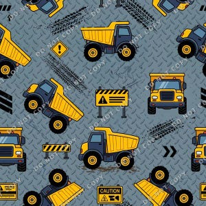 Può includere: Un motivo ripetuto di autocarri con cassone ribaltabile gialli e blu, segnali stradali e tracce di pneumatici su uno sfondo grigio a piastra diamantata. I segnali includono "CAUTION" e "DO NOT COPY".