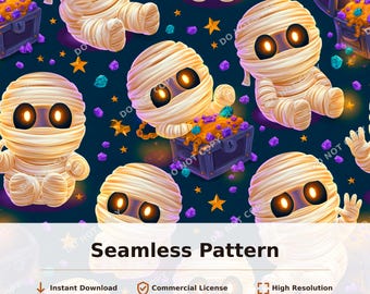Cute Mummy Ghosts with Treasure Chests Seamless Pattern | 34094