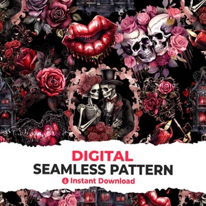 Könnte beinhalten: Ein digitales nahtloses Muster mit einem gotischen Hochzeitsthema mit Skeletten, Rosen und einem roten Herzen. Das Muster ist perfekt, um gruselige und romantische Designs zu erstellen.