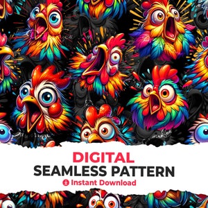 以下が含まれることがあります： 鮮やかな赤、黄色、青、緑の羽根を持つカラフルな漫画のオンドリが特徴のシームレスパターン。オンドリは大きな目と開いたくちばしを持っており、遊び心がありエネルギッシュなデザインになっています。