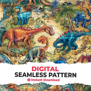 Puede incluir: Un patrón digital sin costuras que presenta un mapa vintage con dinosaurios en varios colores, incluyendo naranja, azul y verde. El mapa tiene texto y líneas, y los dinosaurios están representados en un estilo de dibujos animados.