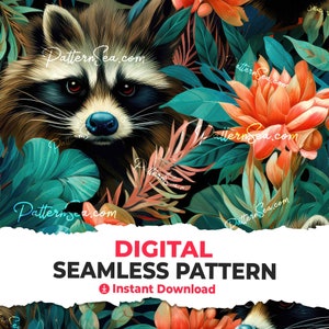 May include: A seamless pattern featuring a raccoon peeking out from behind lush green tropical leaves and vibrant orange flowers. The pattern is perfect for fabric, wallpaper, or digital design projects.