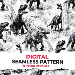 Puede incluir: Patrón digital sin costuras en blanco y negro con ilustraciones de varios dinosaurios. El diseño incluye una variedad de dinosaurios con un fondo de estilo grunge. También se incluye el texto "DIGITAL SEAMLESS PATTERN" y "Instant Download".