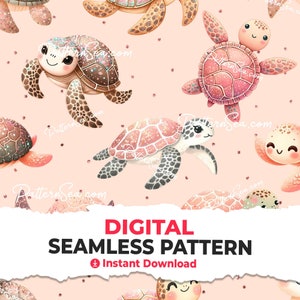 May include: A seamless pattern featuring pink and brown sea turtles with glitter accents on a light pink background. The pattern is ideal for fabric, wallpaper, or other creative projects.