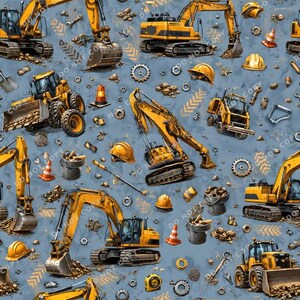 May include: A repeating pattern of yellow construction vehicles, including excavators and bulldozers, on a blue background. The design also features hard hats, tools, gears, and traffic cones. The overall theme is construction and heavy machinery.