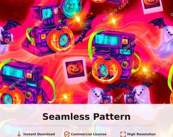 Halloween Ghost Camera Bat Pumpkin Seamless Pattern | 34114