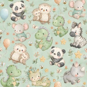Puede incluir: Un patrón continuo sobre un fondo verde claro con ilustraciones en acuarela de animales bebés, incluyendo pandas, búhos, ratones, dinosaurios, cebras y un rinoceronte, intercalados con pequeños globos, estrellas, mariposas y abejas.