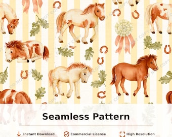 Watercolor Horses, Horseshoes and Oak Leaves Seamless Pattern | 34052