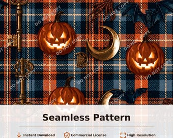 Halloween Pumpkins, Bats, Moon Plaid Seamless Pattern | 34129