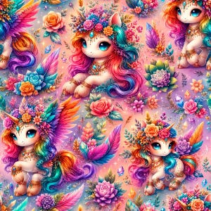 May include: A repeating pattern featuring chibi unicorns with rainbow-colored manes and tails, adorned with floral crowns, feathers, and succulents. The design includes vibrant pink, orange, blue, and purple hues with scattered crystals on a soft background.
