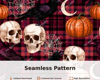 Halloween Skulls Pumpkins Ravens Spiderwebs Plaid Seamless Pattern | 34130