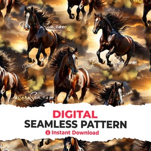 May include: A seamless digital pattern featuring brown horses running through a cloudy sky with a golden sunset. The pattern is perfect for fabric, wallpaper, or other creative projects.