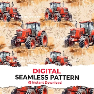 Puede incluir: Un patrón sin costuras que presenta tractores rojos sobre un fondo beige con acentos de acuarela marrón. Los tractores están detallados con ruedas negras y un tubo de escape negro. El patrón es perfecto para telas, papel tapiz u otros proyectos creativos.