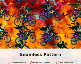 Skeleton Motocross Bats Orange Red Seamless Pattern | 34111