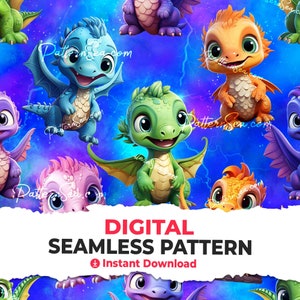 May include: A seamless pattern featuring colourful cartoon dragons with bright blue, green, pink, purple, and orange wings on a blue background with white lightning bolts. The text "DIGITAL SEAMLESS PATTERN" and "Instant Download" is at the bottom of the image.