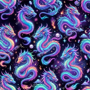 May include: A repeating pattern of colorful dragons in shades of blue, purple, and yellow against a black background. The dragons have intricate details and are surrounded by stars and other celestial elements.