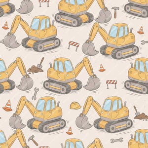 Può includere: Un motivo ripetuto di escavatori gialli, coni stradali e attrezzi da costruzione su sfondo beige chiaro. Gli escavatori hanno benne e cingoli grigi. Altri strumenti includono un martello, una chiave inglese e una pala.