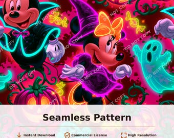 Neon Halloween Mickey and Minnie Pumpkins Seamless Pattern | 34082