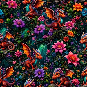 May include: A repeating pattern featuring small red dragons with orange wings and blue accents, interspersed among vibrant pink, purple, and orange flowers and lush green foliage against a dark, shadowy forest background.