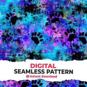 May include: A seamless digital pattern featuring black paw prints on a vibrant blue, purple, and pink background with a grunge effect. The text "PatternSea.com" is repeated throughout the design.
