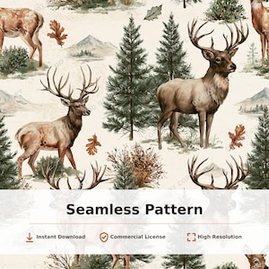 Sömlöst mönster med rådjur och tallar | 34012 digitalt scrapbookpapper