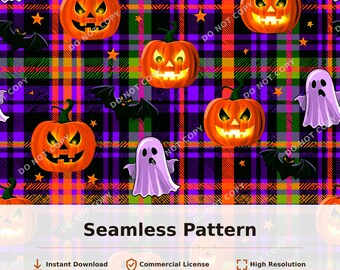 Halloween Pumpkins Ghosts Bats Plaid Seamless Pattern | 34134