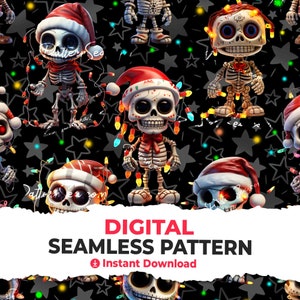Könnte beinhalten: Ein nahtloses digitales Muster mit schwarzem Hintergrund und einem sich wiederholenden Muster von Skeletten, die Weihnachtsmützen tragen und mit bunten Weihnachtslichtern geschmückt sind. Die Skelette sind von weißen Sternen umgeben.