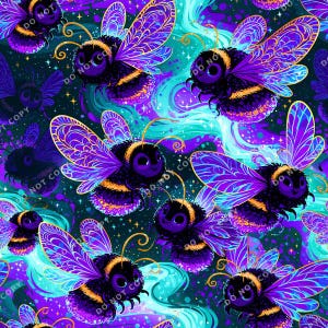 May include: A repeating pattern of stylized bumblebees with purple wings and black and yellow bodies. The bees are set against a dark blue background with swirling teal and purple accents. Gold outlines and details enhance the design.